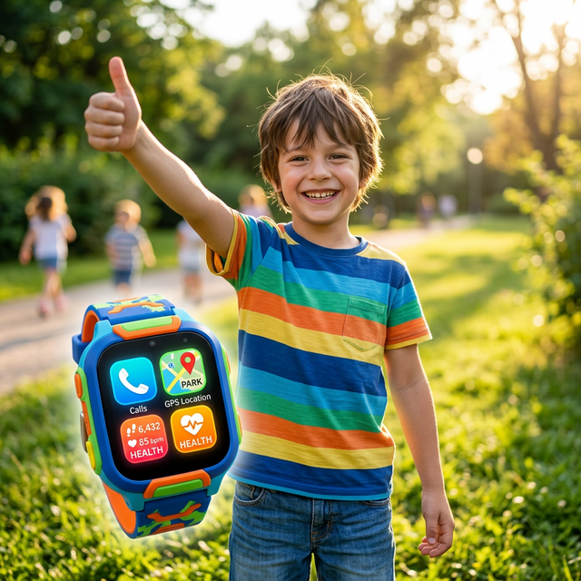 Child wearing KidWatch Pro smartwatch outdoors